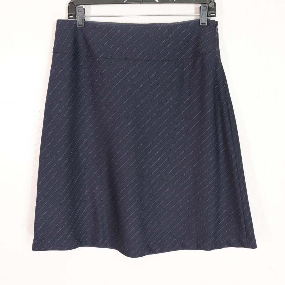Magaschoni Wool Skirt 10 Blue Gray Pink Pinstriped Skater Flare Knee Side Zip